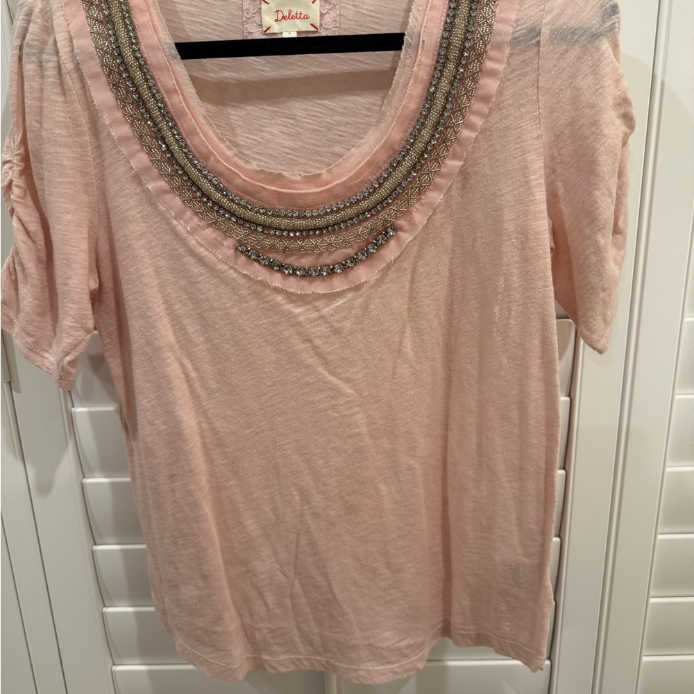 Anthropologie Deletta Light Pink Embellished Short Sleeve Top